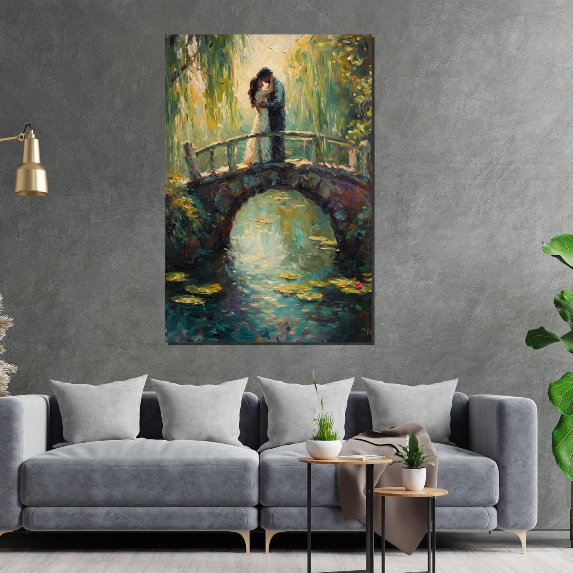 Lovers Kissing On Stone Bridge Over Lily Pond Impressionist Art Poster - Image 2