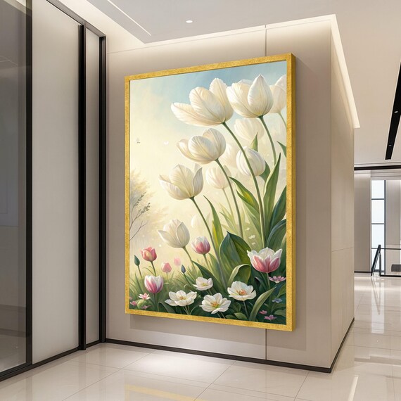 White Tulips Pink Buds Sunny Spring Garden Floral Painting Poster