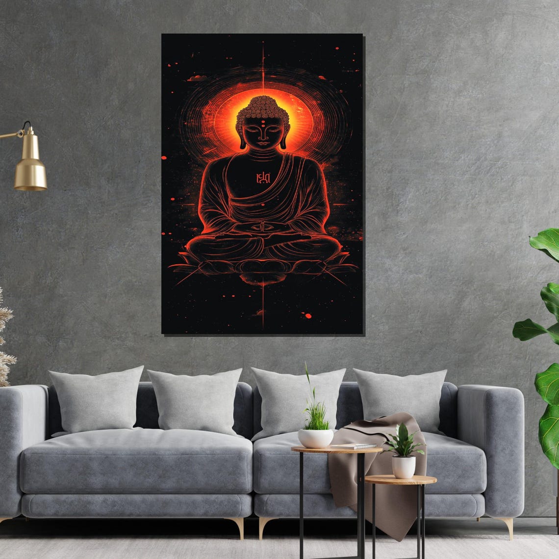 Neon Red Buddha Glowing Mandala Dark Black Background Art Poster - Image 2