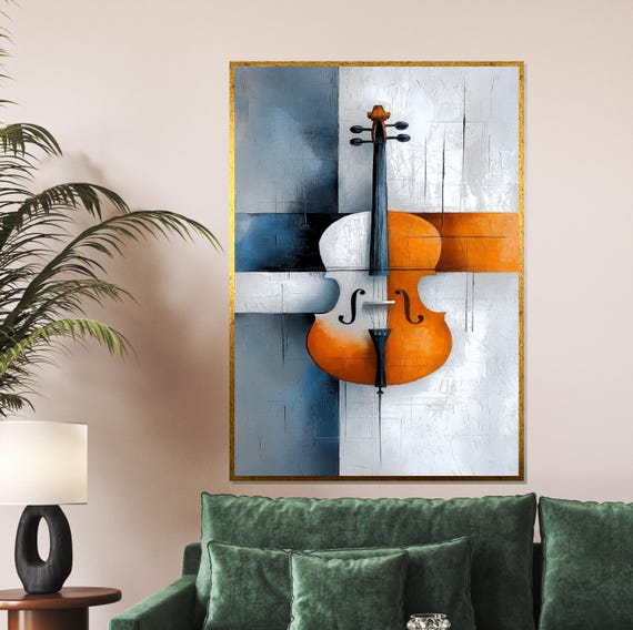 Abstract Cello Musical Instrument Art Violin Wall Art Modern Design Ready To Hang Orangeblue Wall Decor