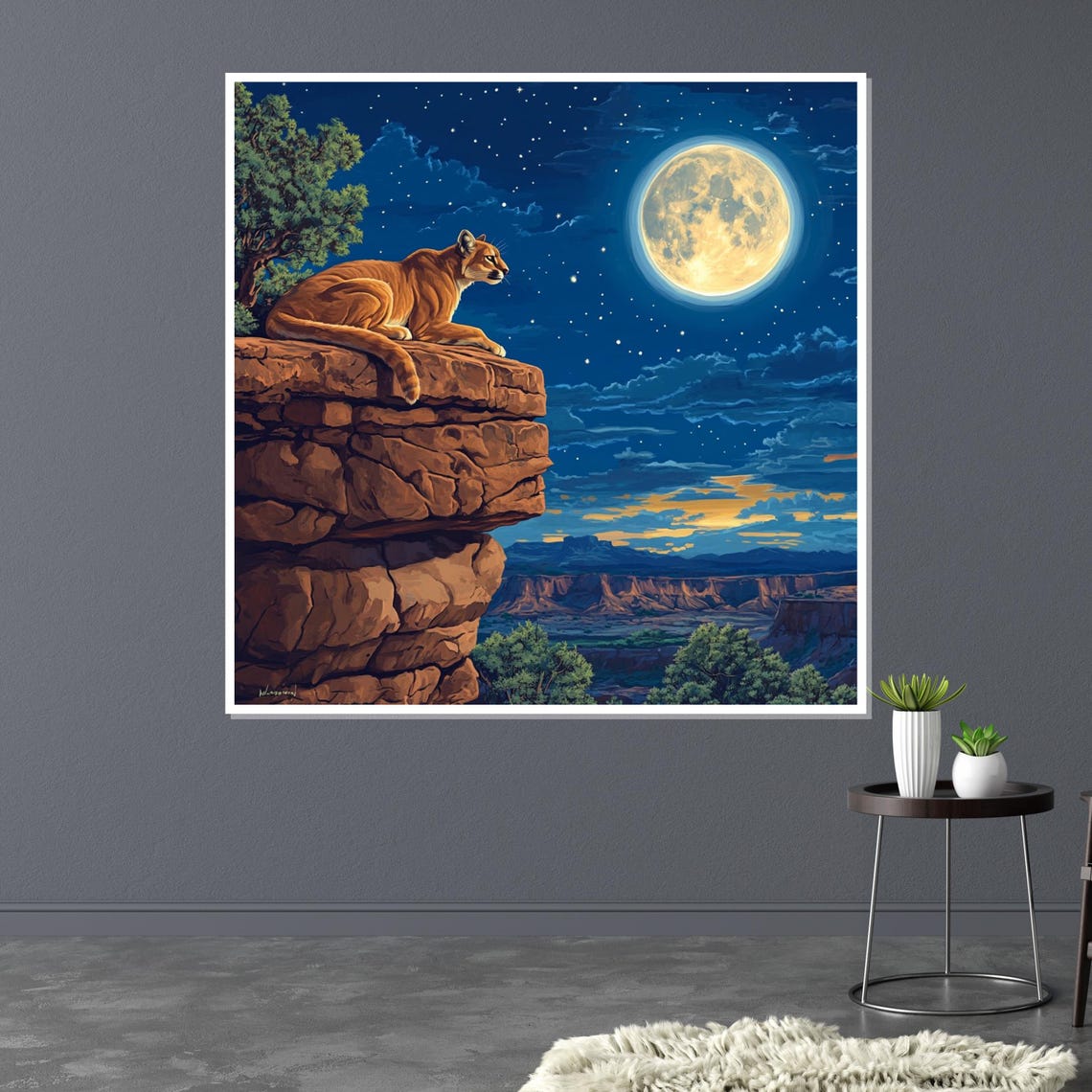 Mountain Lion On Cliff Edge Under Full Moon Night Wildlife Art Poster - Image 3