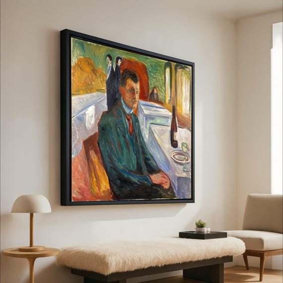 Bottle Of Wine Canvas Wall Art Edvard Munch Expressionist Painting Vintage Man Portrait Abstract Interior Scene Ready To Hang