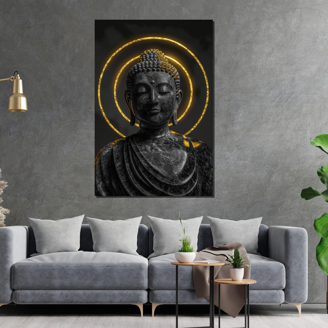 Black Buddha Bust Gold Halo Rings Luxury Meditation Poster Art - Image 2