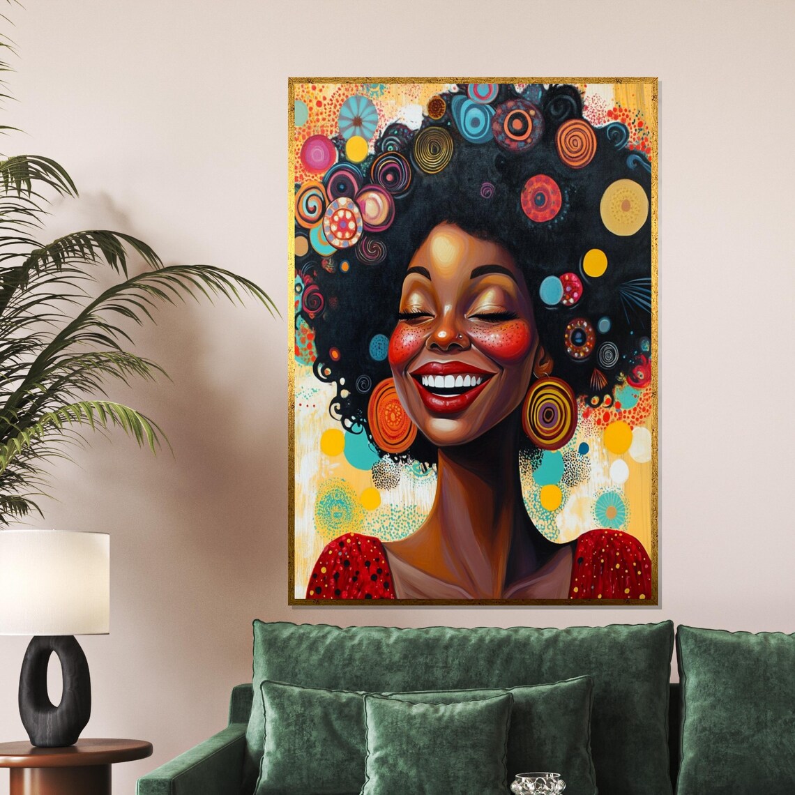 Joyful African Woman Smiling Colorful Afro Patterned Hair Art Poster