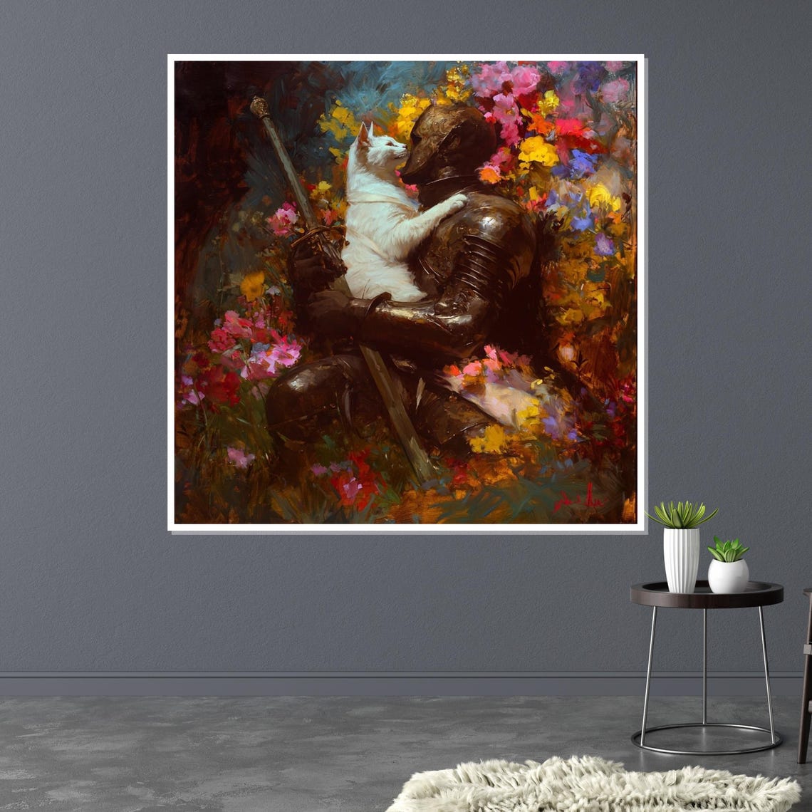Medieval Knight Hugging White Cat In Flower Garden Fantasy Wall Art - Image 3