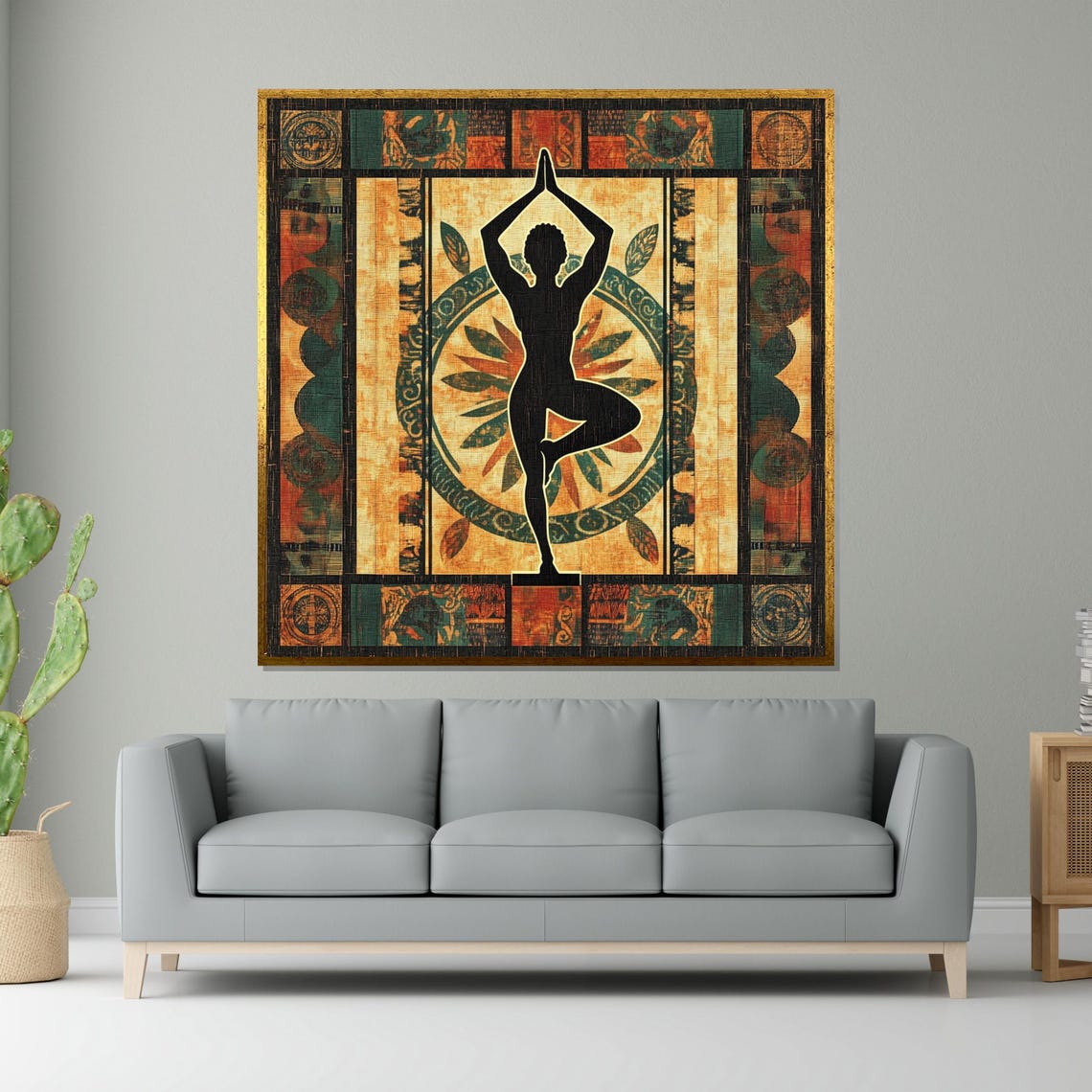 Tree Pose Yoga Woman Silhouette Warm Mosaic Mural Style Poster