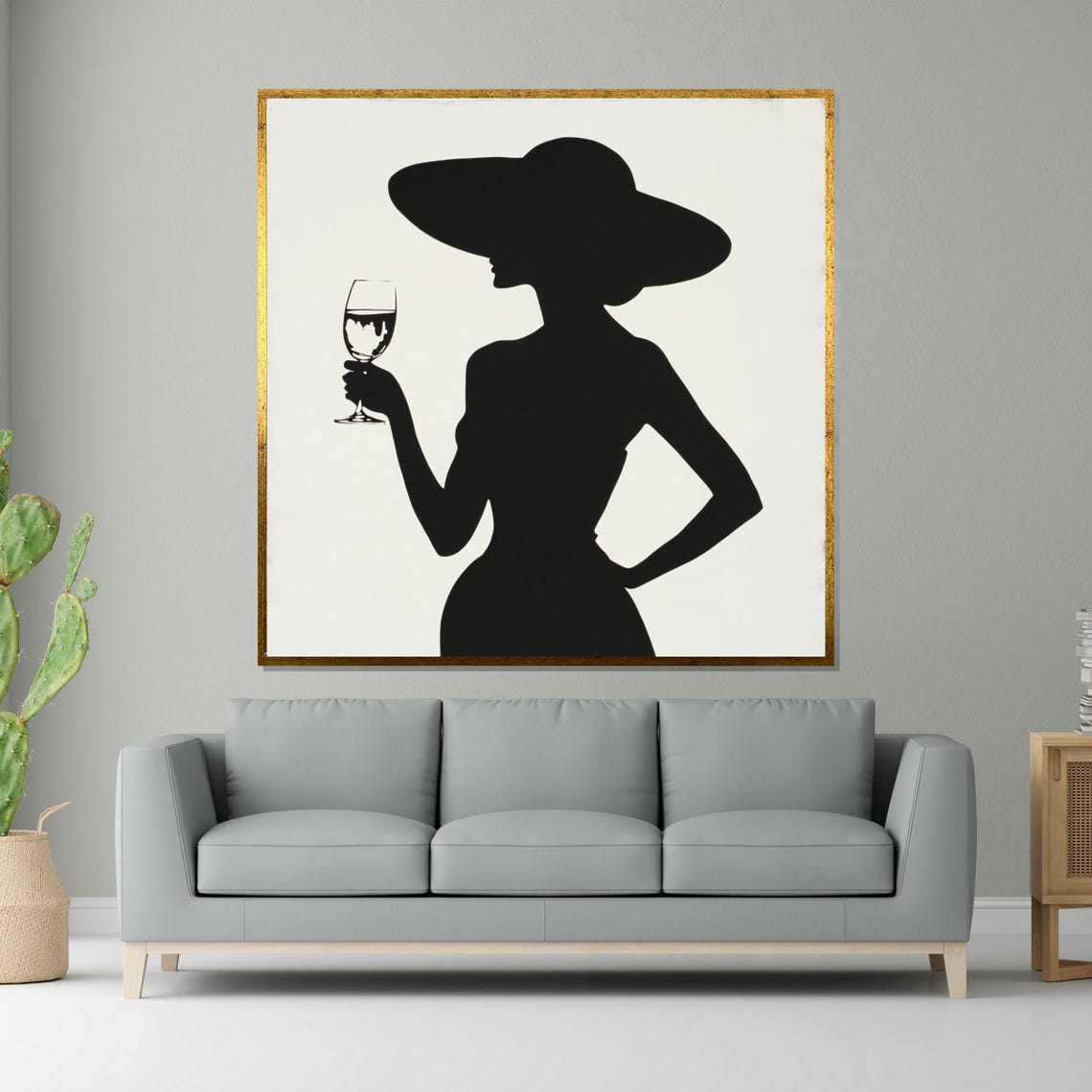 Elegant Lady Silhouette Wide Brim Hat Wine Glass Modern Wall Art