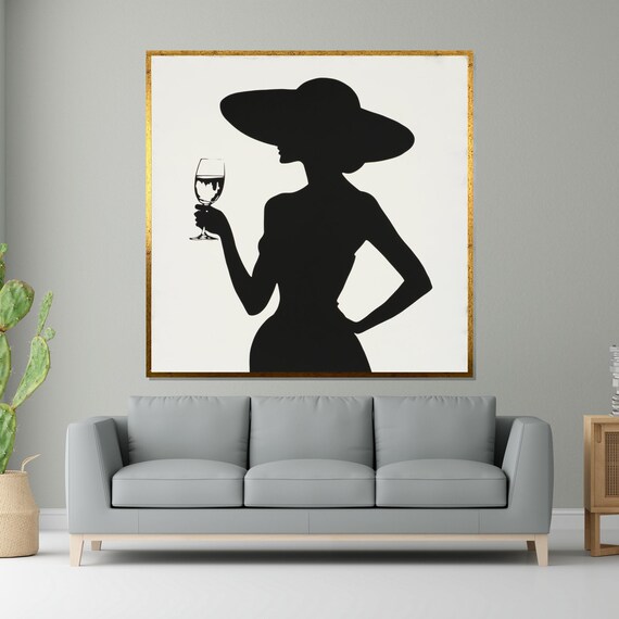 Elegant Lady Silhouette Wide Brim Hat Wine Glass Modern Wall Art