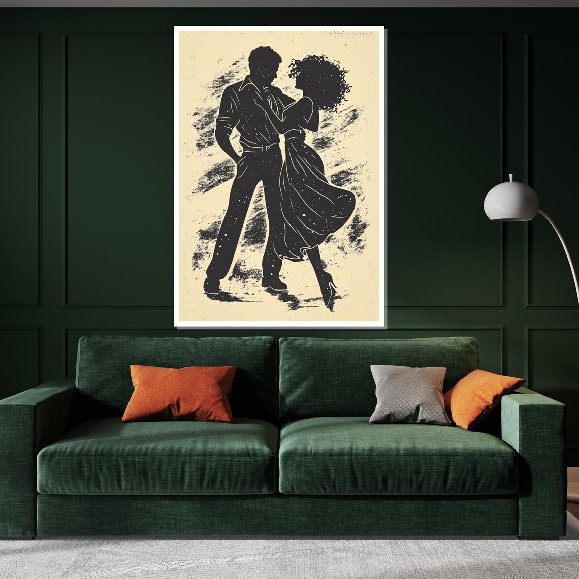 Dancing Couple Silhouette in Black on Cream Vintage Art Poster - Image 3
