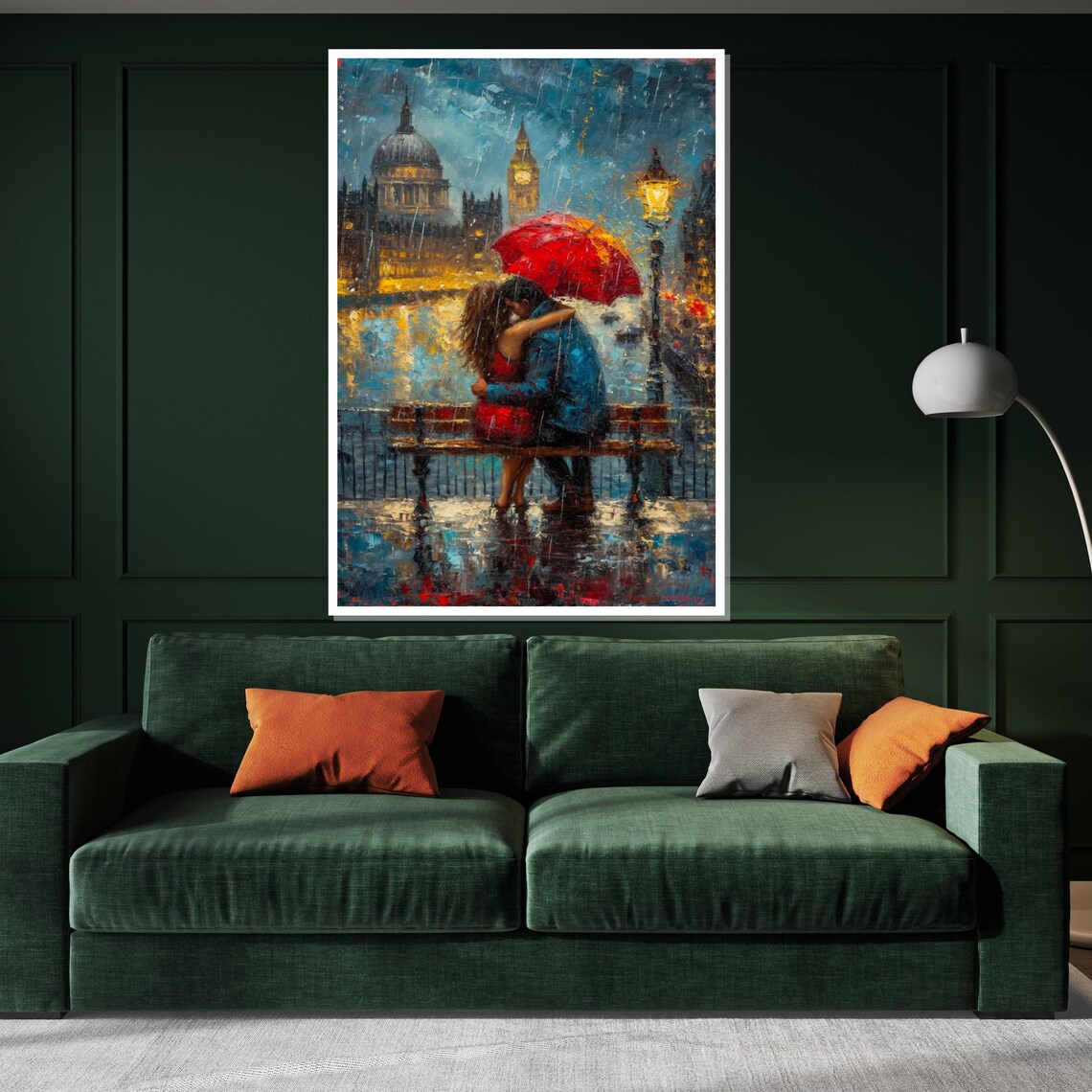 Rainy London Kiss Couple Under Red Umbrella Big Ben Night Poster - Image 3