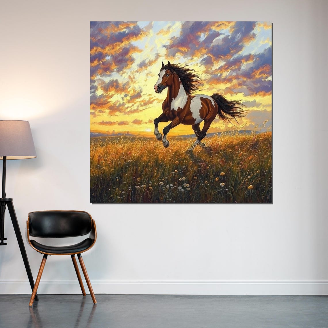 Galloping Pinto Horse At Sunset Wild Meadow Equestrian Art Poster - Image 2