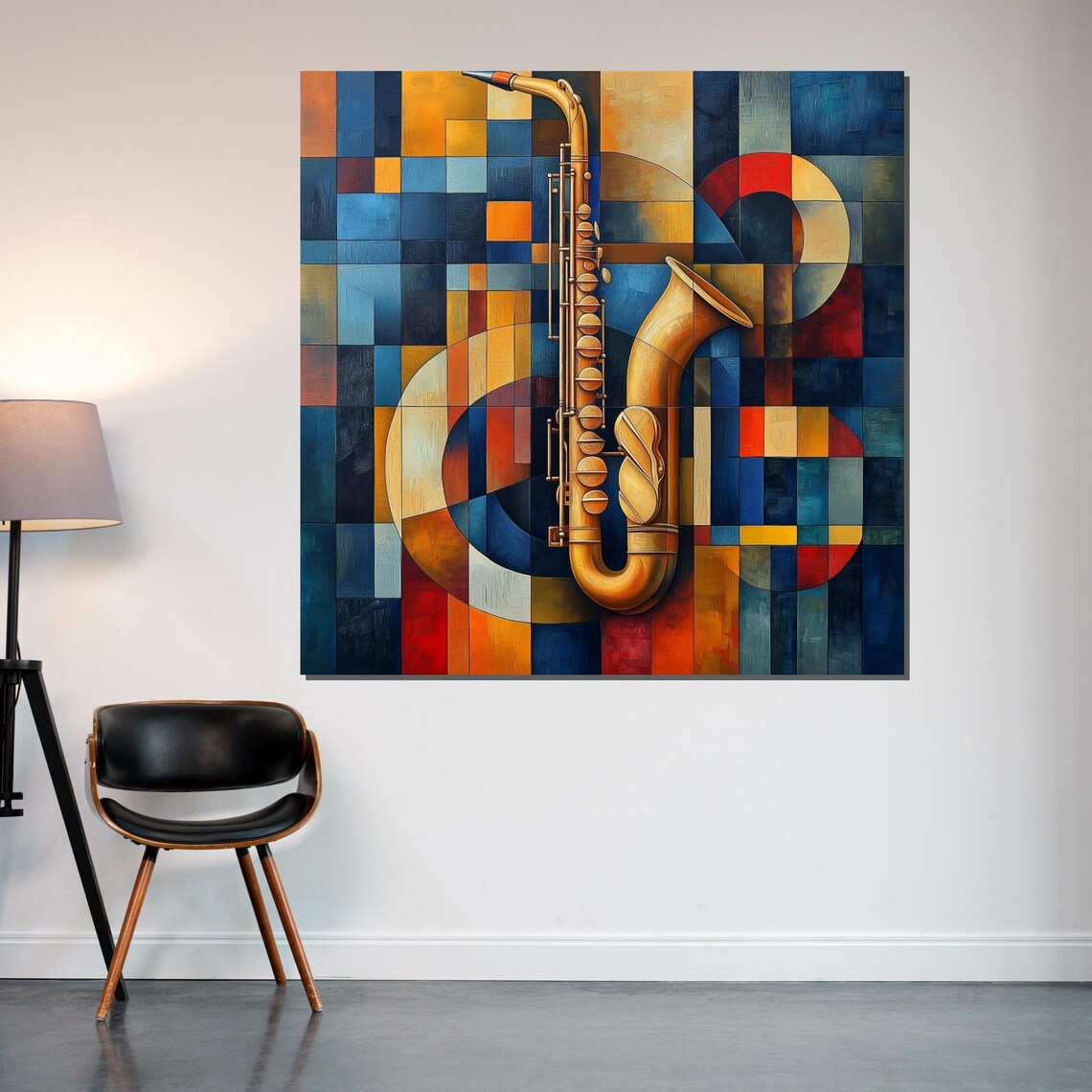 Geometric Mosaic Golden Saxophone Bold Blue Orange Jazz Poster - Image 2