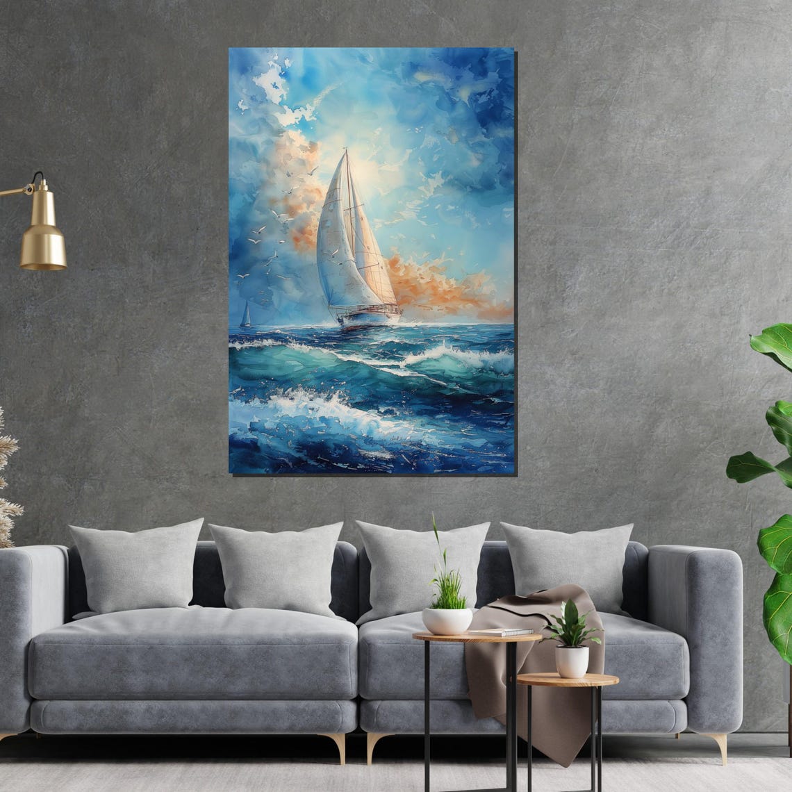 Tall Sailboat Racing Across Ocean Waves Blue Sky Sailing Poster - Image 2