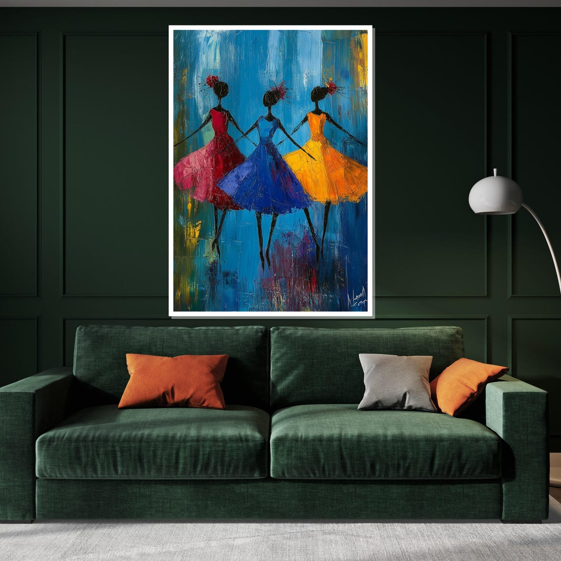 Three Dancing Women Colorful Dresses Blue Background Joyful Art Poster - Image 3