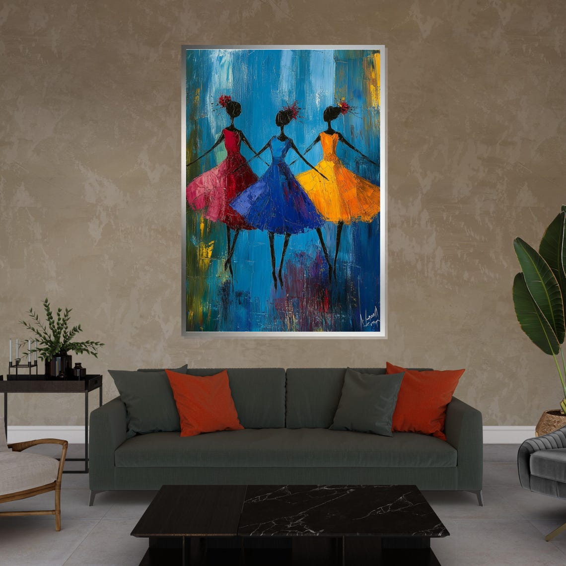Three Dancing Women Colorful Dresses Blue Background Joyful Art Poster - Image 4