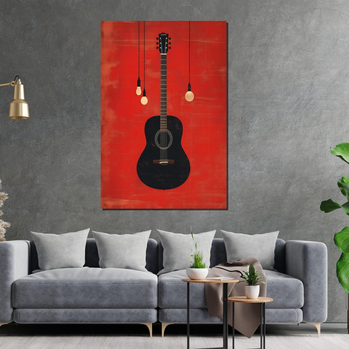 Black Acoustic Guitar on Bold Red Background Music Room Poster - Image 2