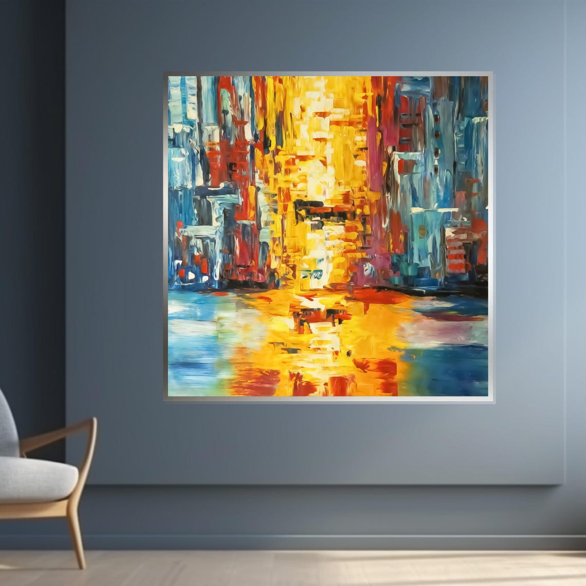Vibrant Golden Cityscape Night Reflection Colorful Impasto Print - Image 4
