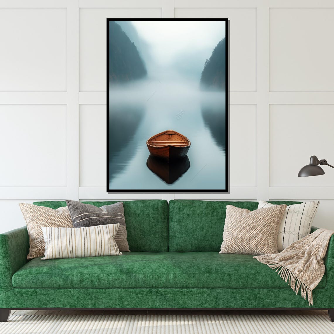 Wooden Rowboat on Misty Lake Foggy Minimalist Serenity Poster - Image 5