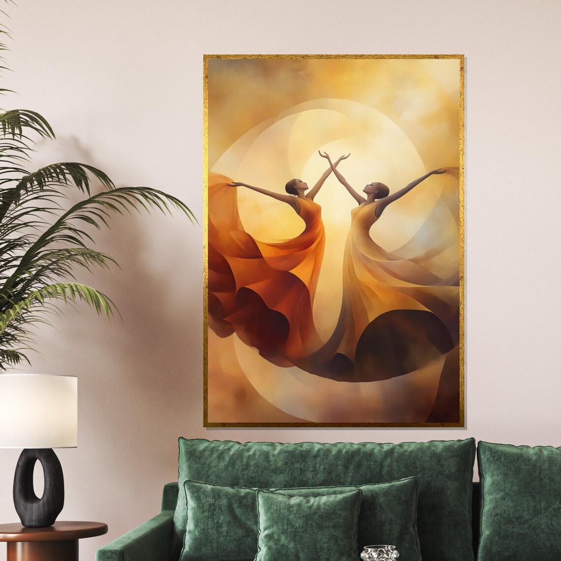 Two Dancers Mirrored Movement Radiant Sunrise Gold Art Poster