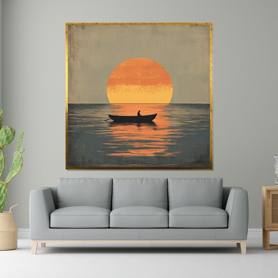 Lone Fisherman Rowboat Under Giant Orange Sun Minimalist Poster