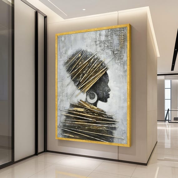 Elegant African Woman Profile Canvas Wall Art Modern Ethnic Portrait Gold And Gray Home Decor Contemporary Ready To Hang