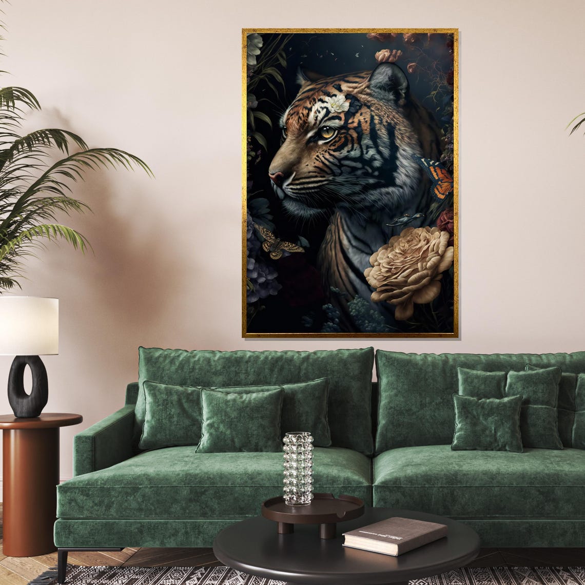 Tiger Profile Dark Botanical Butterflies Floral Jungle Art Poster