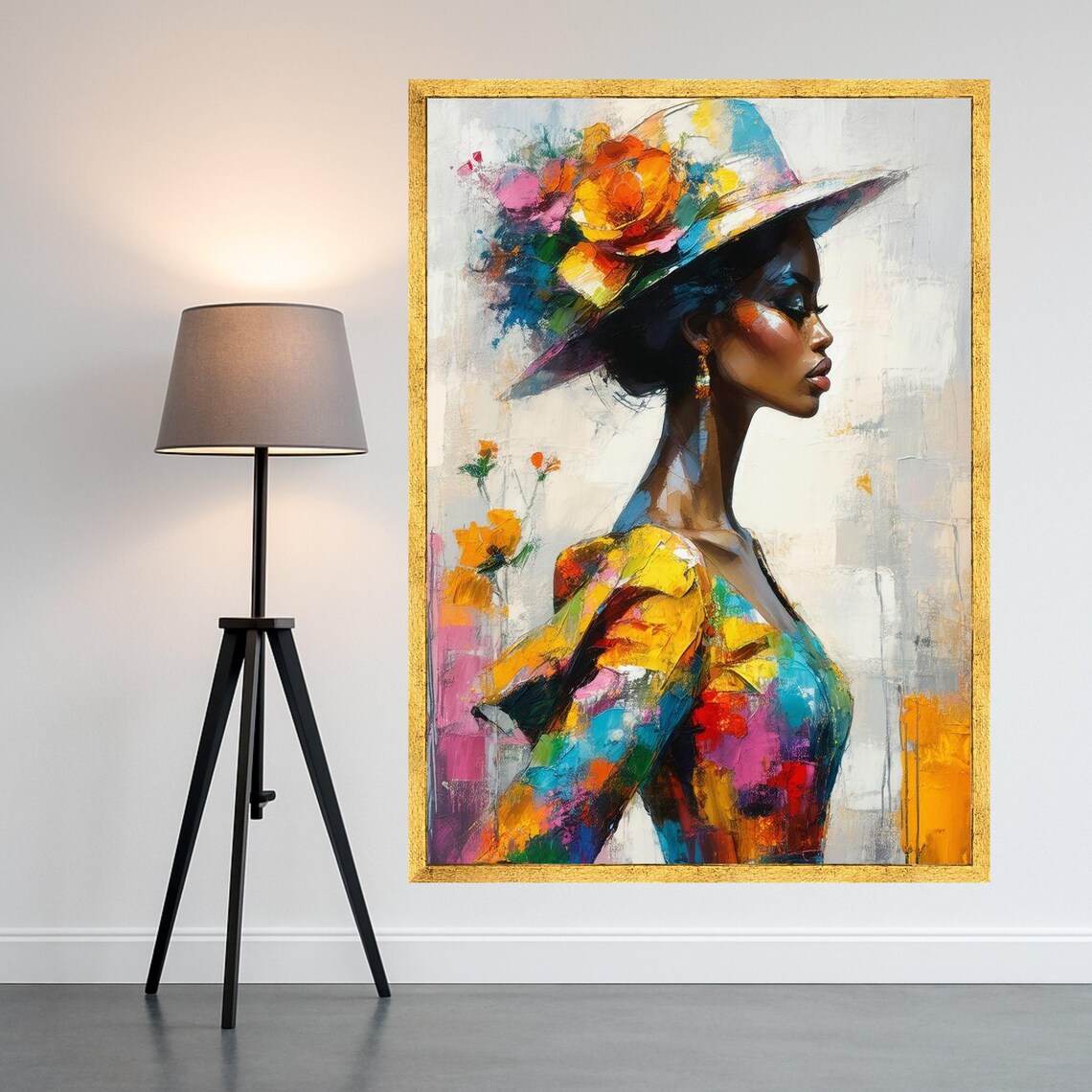 Vibrant Woman In Colorful Hat Canvas Modern Portrait Wall Art Abstract Floral Fashion Painting Elegant Female Profile Ready To Hang
