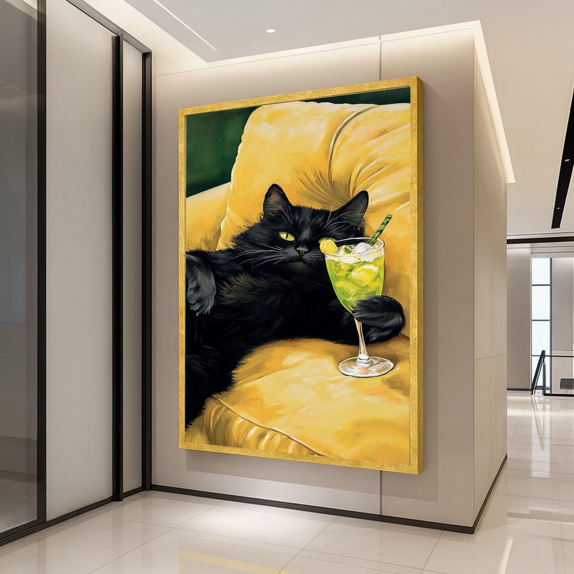 Whimsical Black Cat on Yellow Couch Art Print