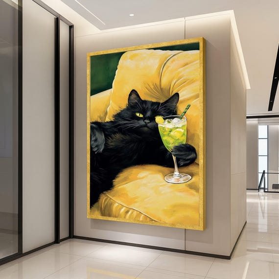 Whimsical Black Cat on Yellow Couch Art Print