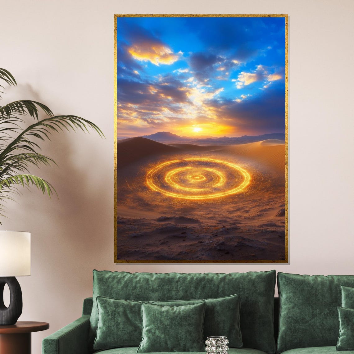 Glowing Golden Circle in Desert Sunset Radiant Sand Dunes Wall Art