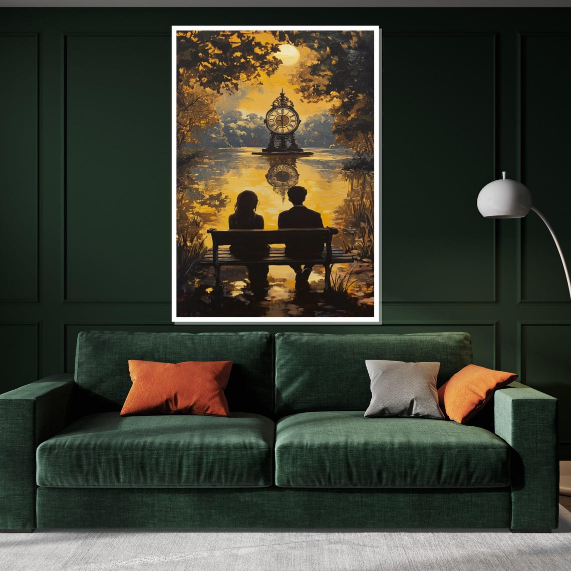 Romantic Couple Watching Golden Clock on Lake Dreamy Sunset Poster - Image 3