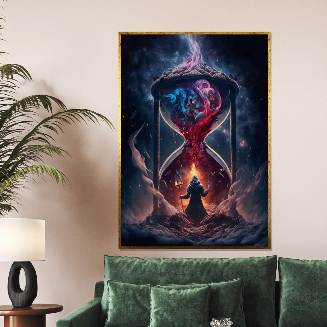 Cosmic Hourglass with Hooded Figure Dark Fantasy Time Art Poster