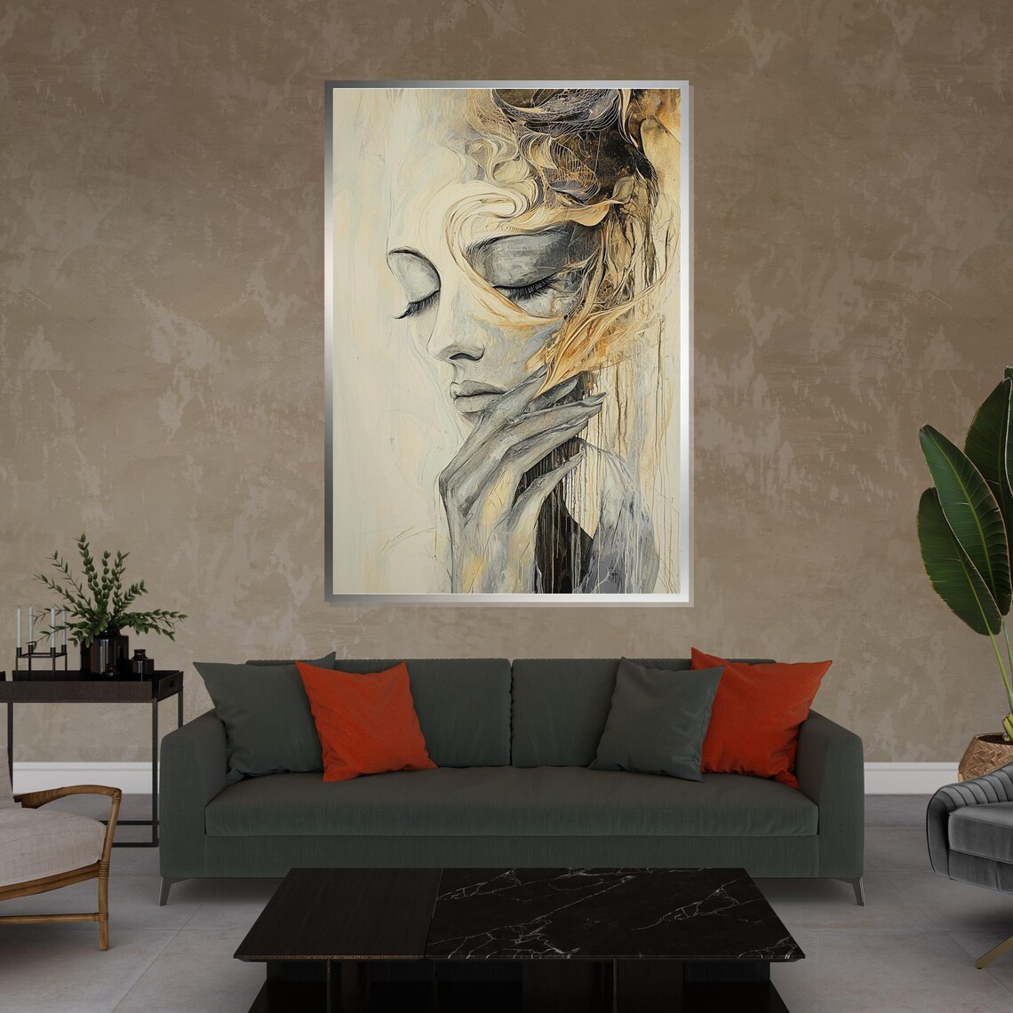 Serene Woman Face Flowing Gold Swirls Dreamy Portrait Poster - Image 4