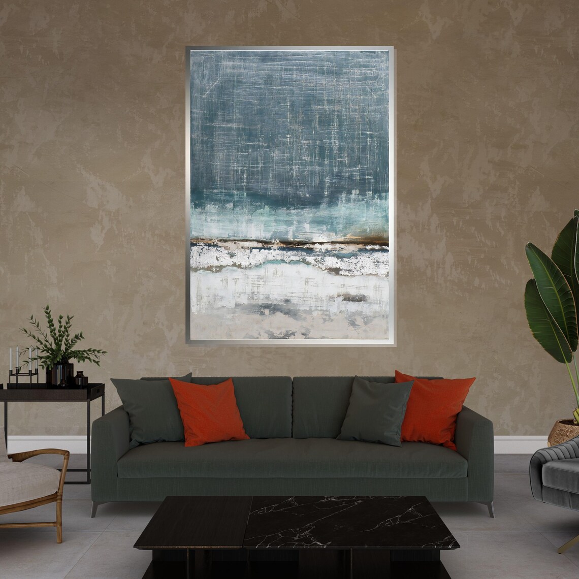 Dark Teal Ocean Horizon Misty Seascape Textured Moody Wall Art - Image 4