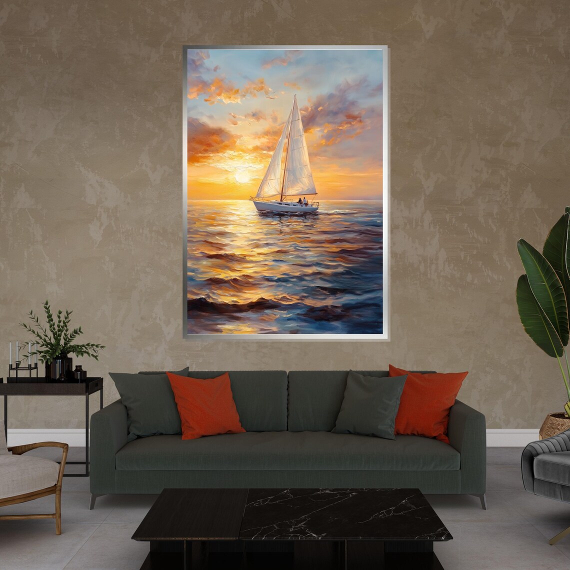 Golden Sunset Sailboat Ocean Oil Painting Seascape Art Poster - Image 4