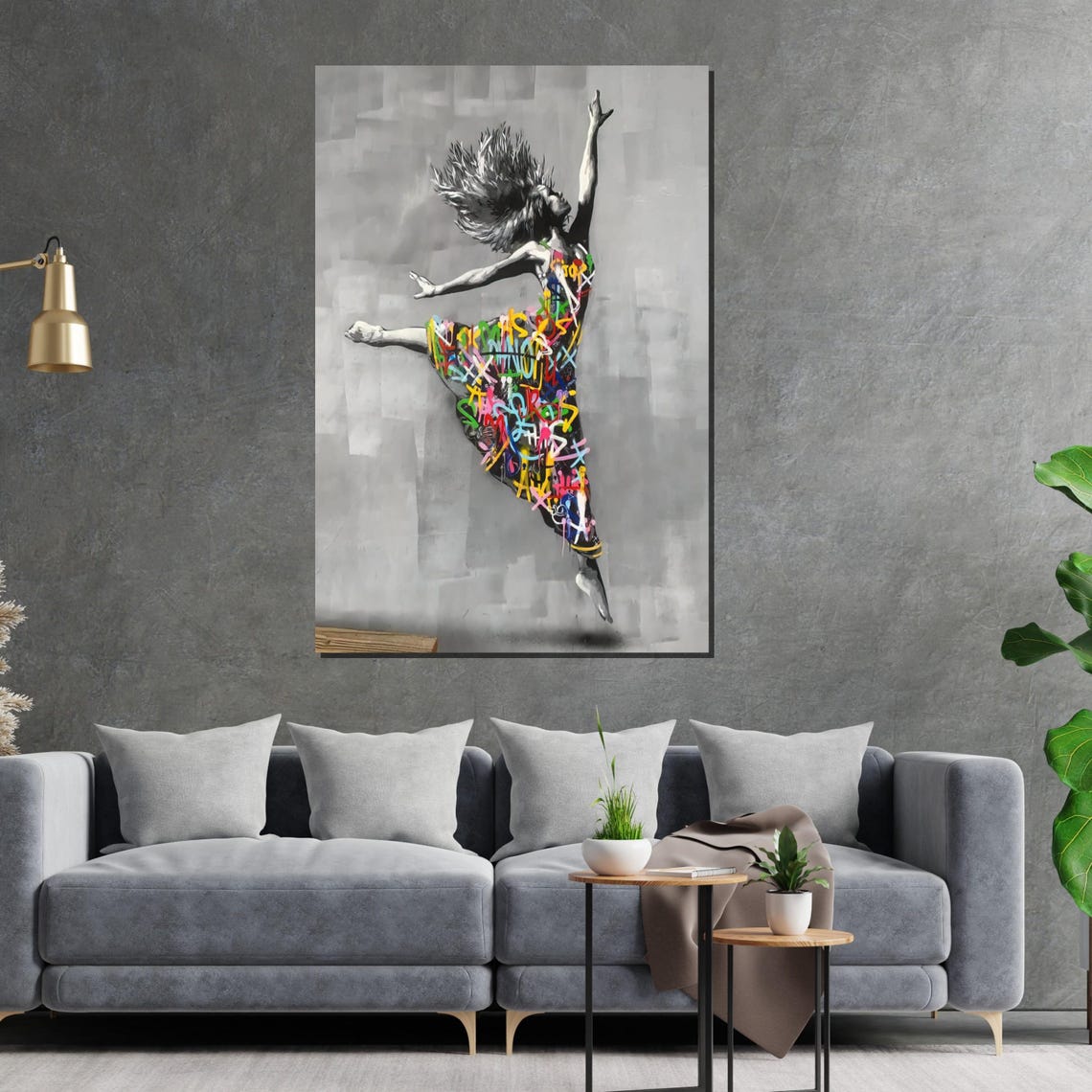 Leaping Dancer In Graffiti Dress Street Art Monochrome Dance Poster - Image 2