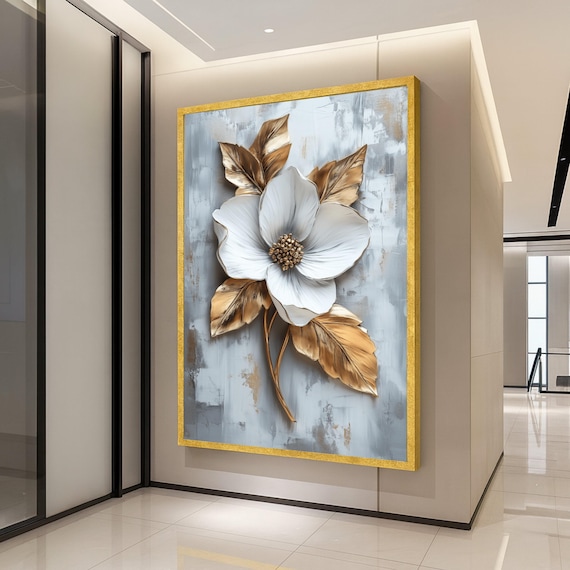 White Flower Gold Leaves Elegant Botanical Modern Floral Art Poster