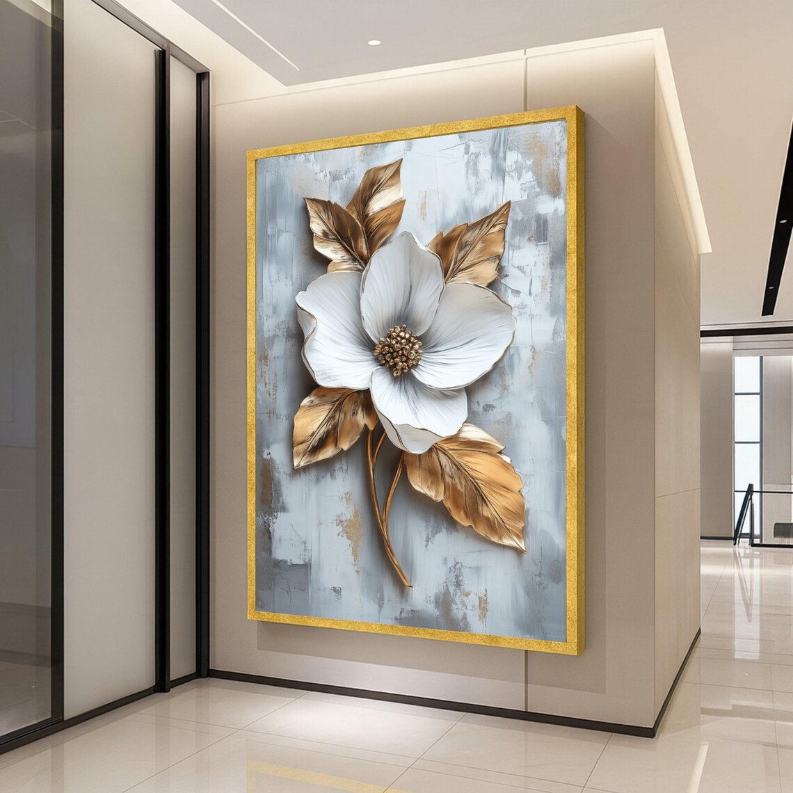 Elegant White Flower Canvas Wall Art Gold Leaf Botanical Modern Floral Home Decor Nature Ready To Hang