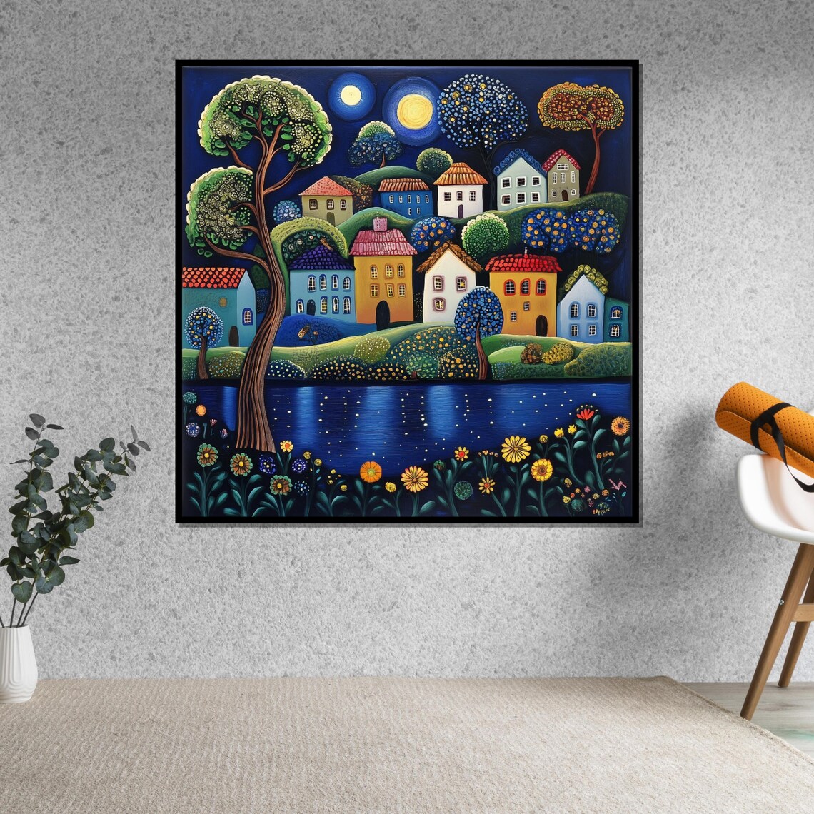 Moonlit Village Nightscape with Lake Colorful Folk Art Decor Poster - Image 5