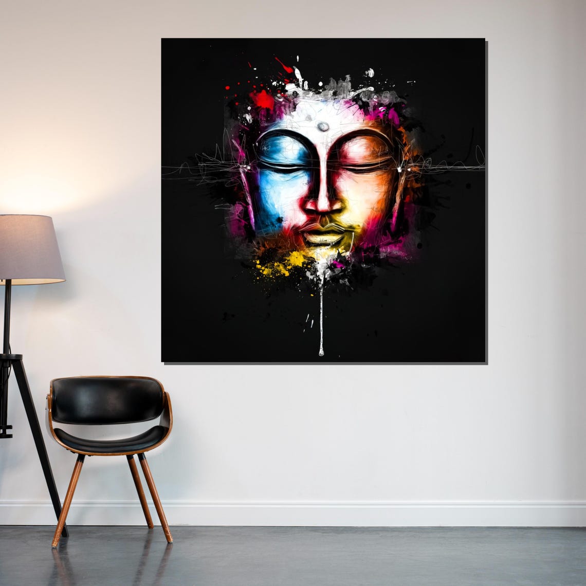 Buddha Face Paint Splatter Black Background Modern Art Poster - Image 2