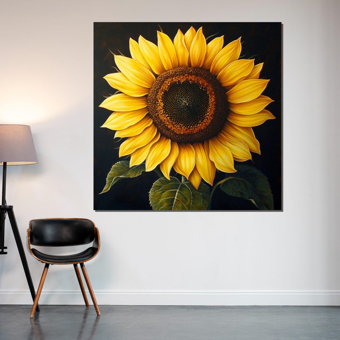Golden Sunflower On Black Bold Botanical Floral Oversized Wall Art - Image 2