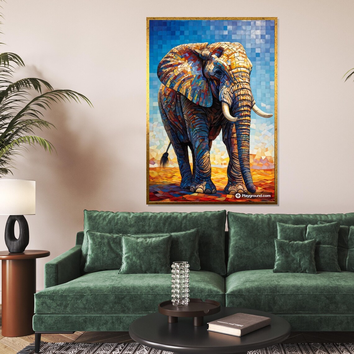 Majestic Mosaic Elephant Walking Bold Colorful Wildlife Art Poster