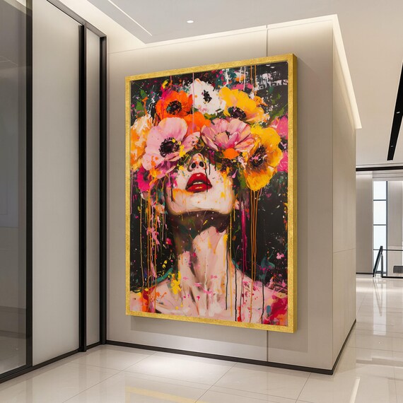 Floral Crown Woman Abstract Portrait Colorful Flowers Wall Art