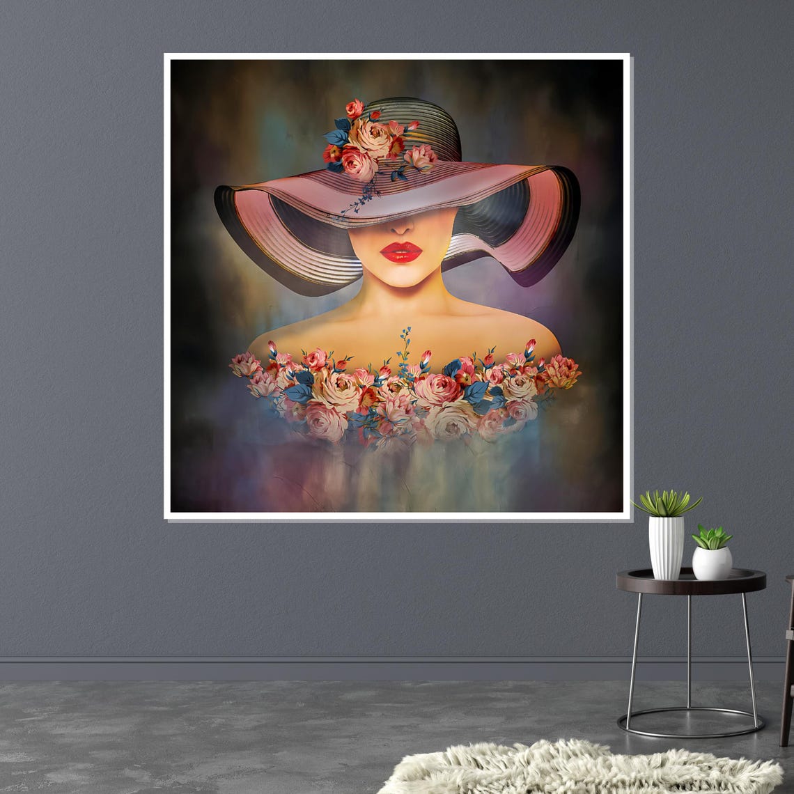 Woman in Striped Floral Hat Dreamy Painted Rose Portrait Poster - Image 3