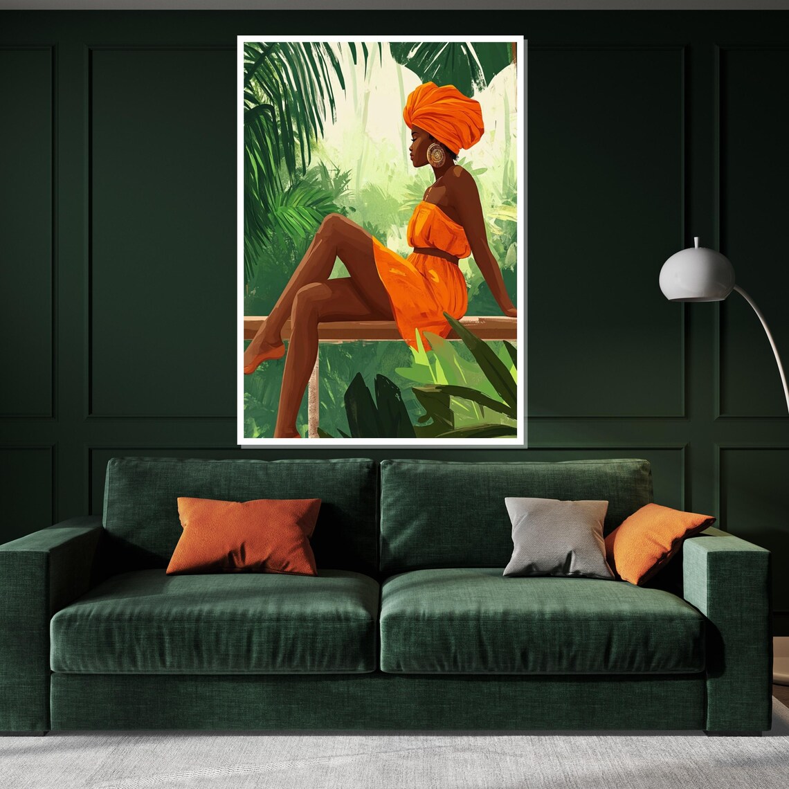 African Woman Orange Dress Headwrap Tropical Jungle Beauty Wall Art - Image 3