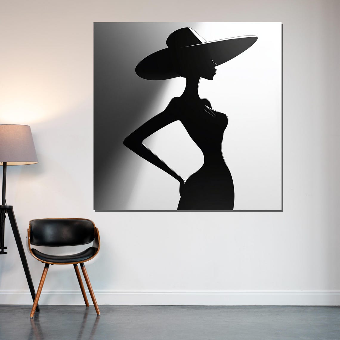 Elegant Black Silhouette Lady In Wide Brim Hat Dramatic Style Poster - Image 2