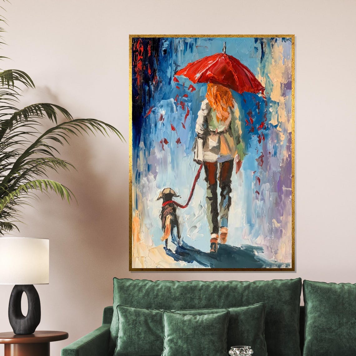 Woman With Red Umbrella Walking Dog In Rain Painterly Pet Art Poster - Image 5