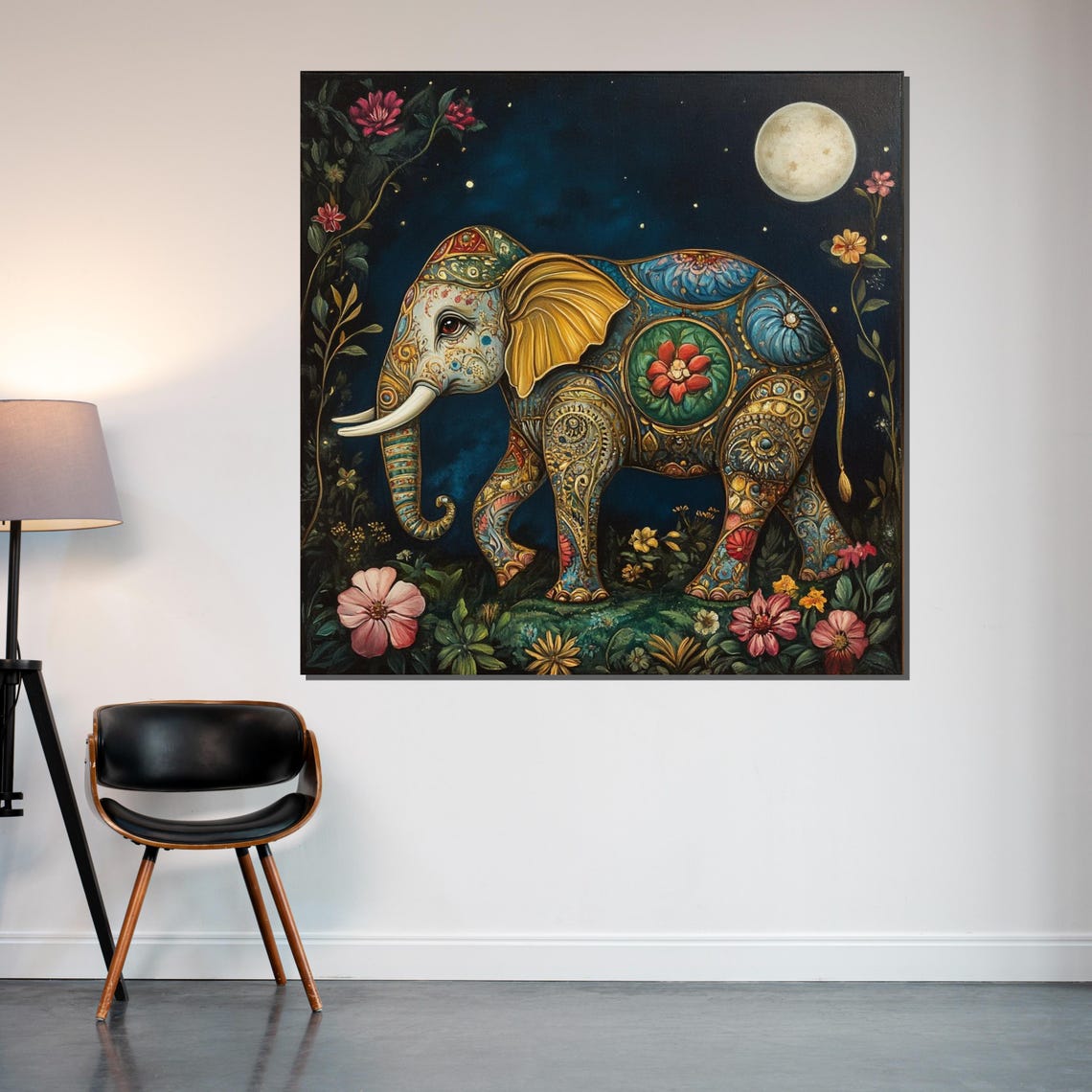 Ornate Floral Elephant under Moonlight Boho Indian Style Art Poster - Image 2