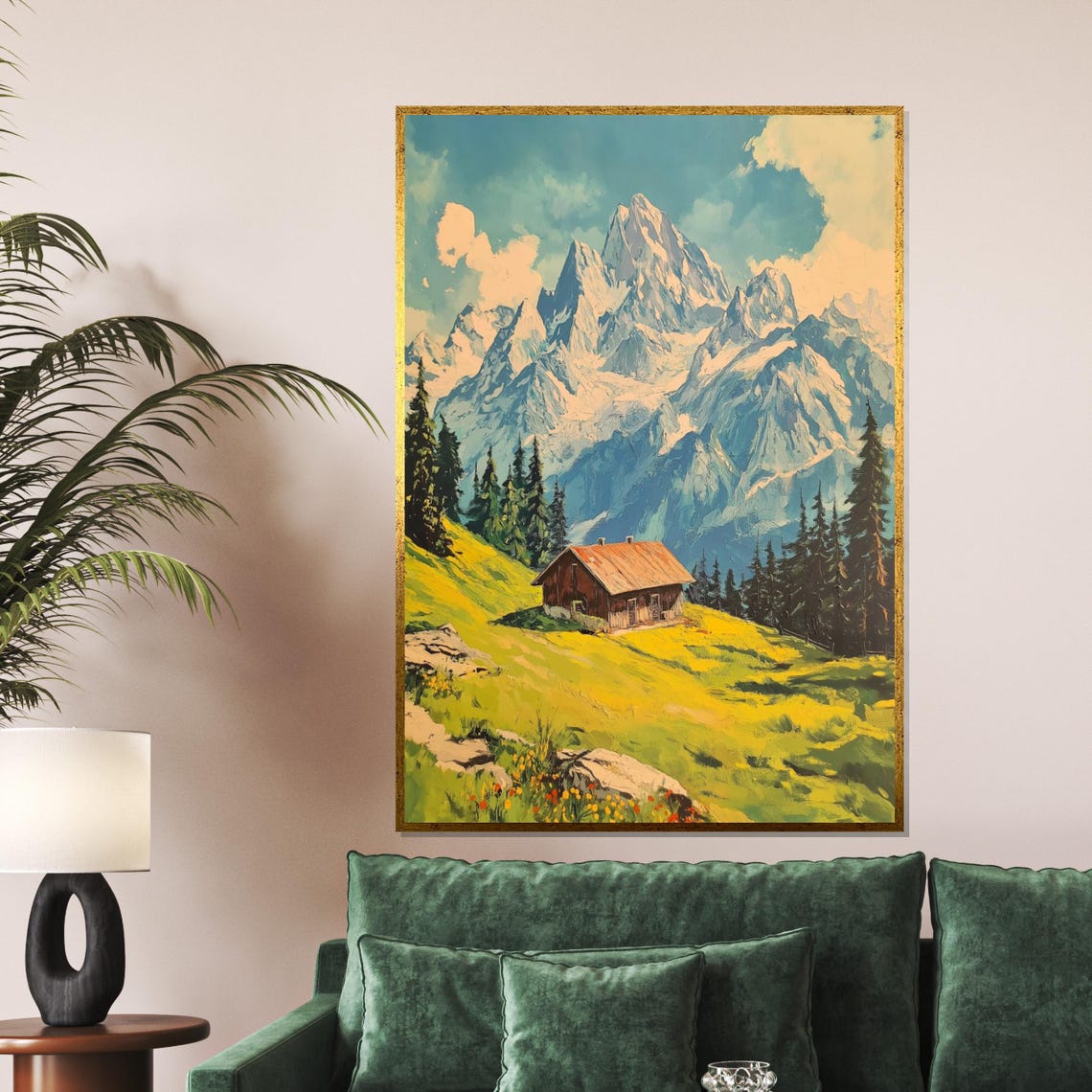 Mountain Cabin Alpine Scenery Wall Art Landscape Print Nature Design Framed Art Ready To Hang Wall Decor