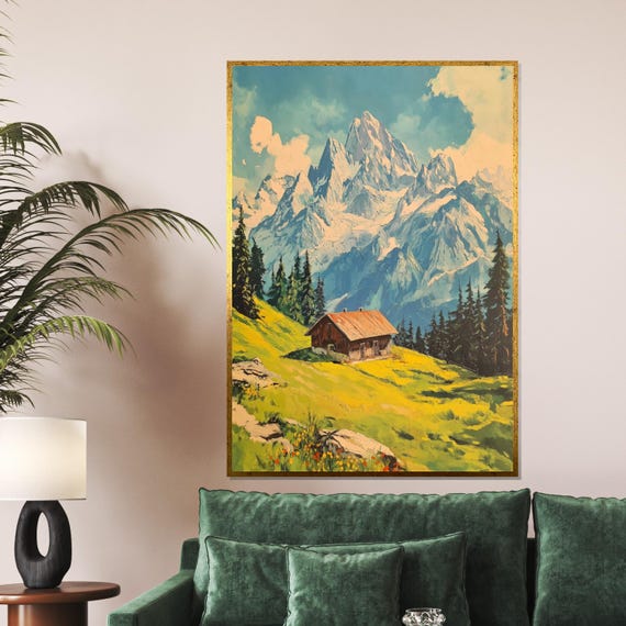 Mountain Cabin Alpine Scenery Wall Art Landscape Print Nature Design Framed Art Ready To Hang Wall Decor